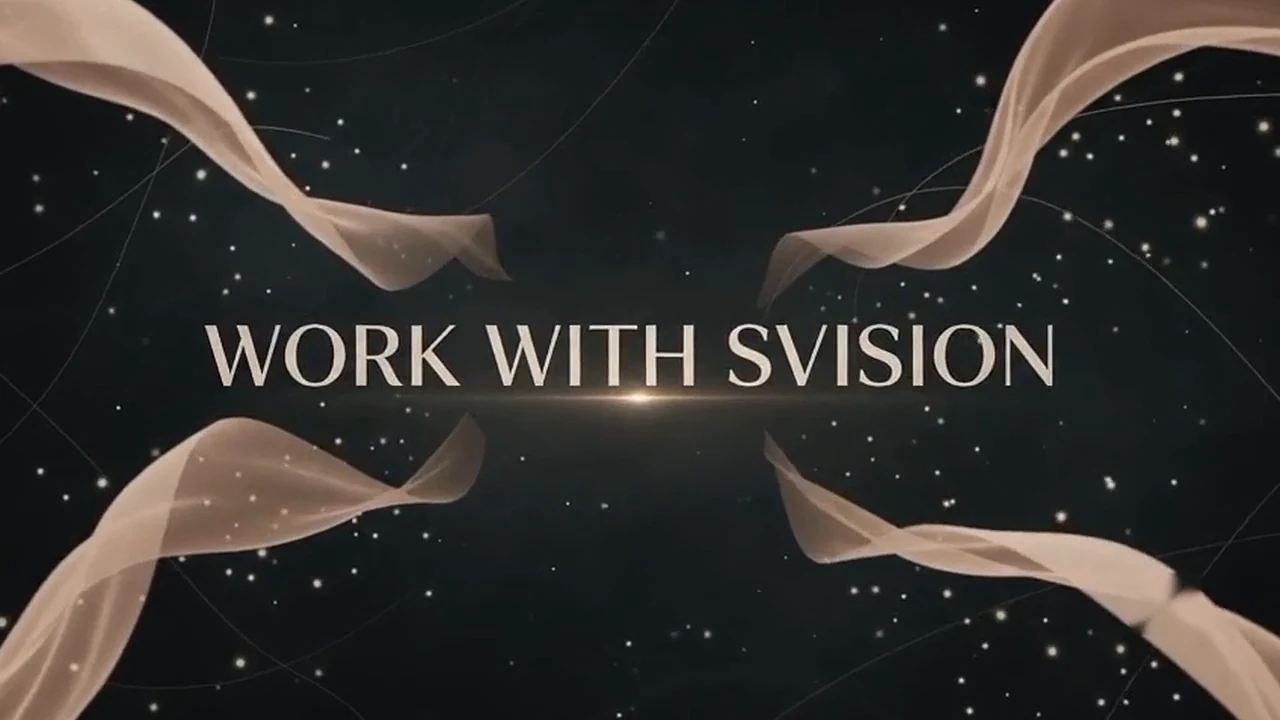 Ribbons of warm light sweep across a starfield and part around the words Work with SVision.