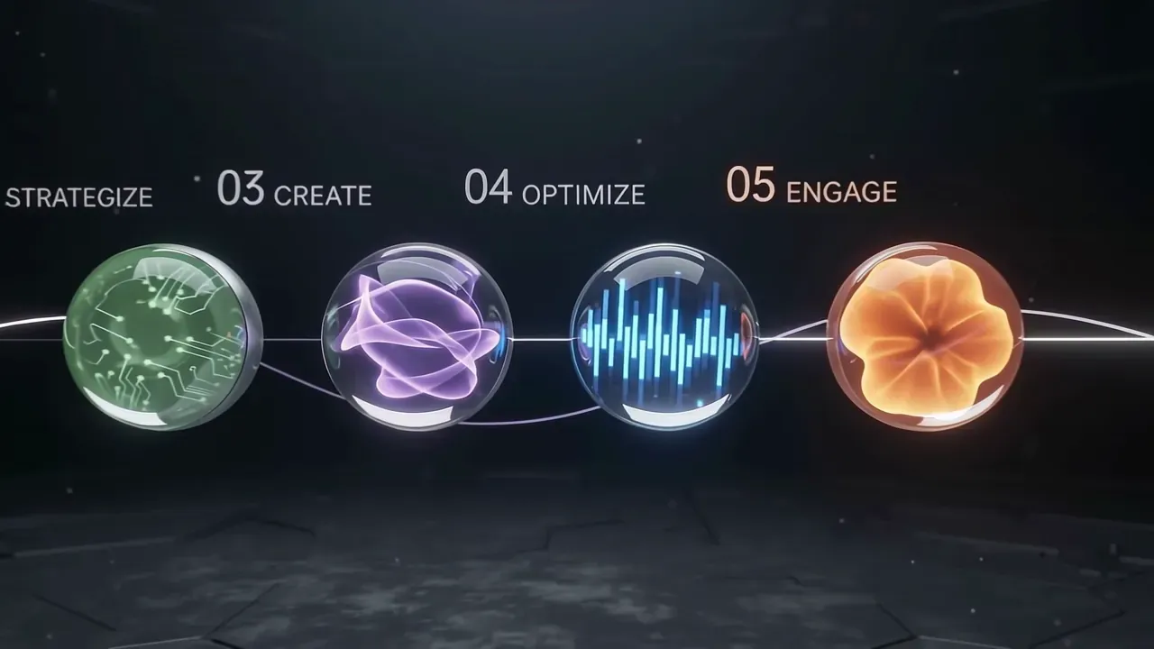 Five glass spheres on a glowing line, lighting up one by one: Discover, Strategize, Create, Optimize, Engage.