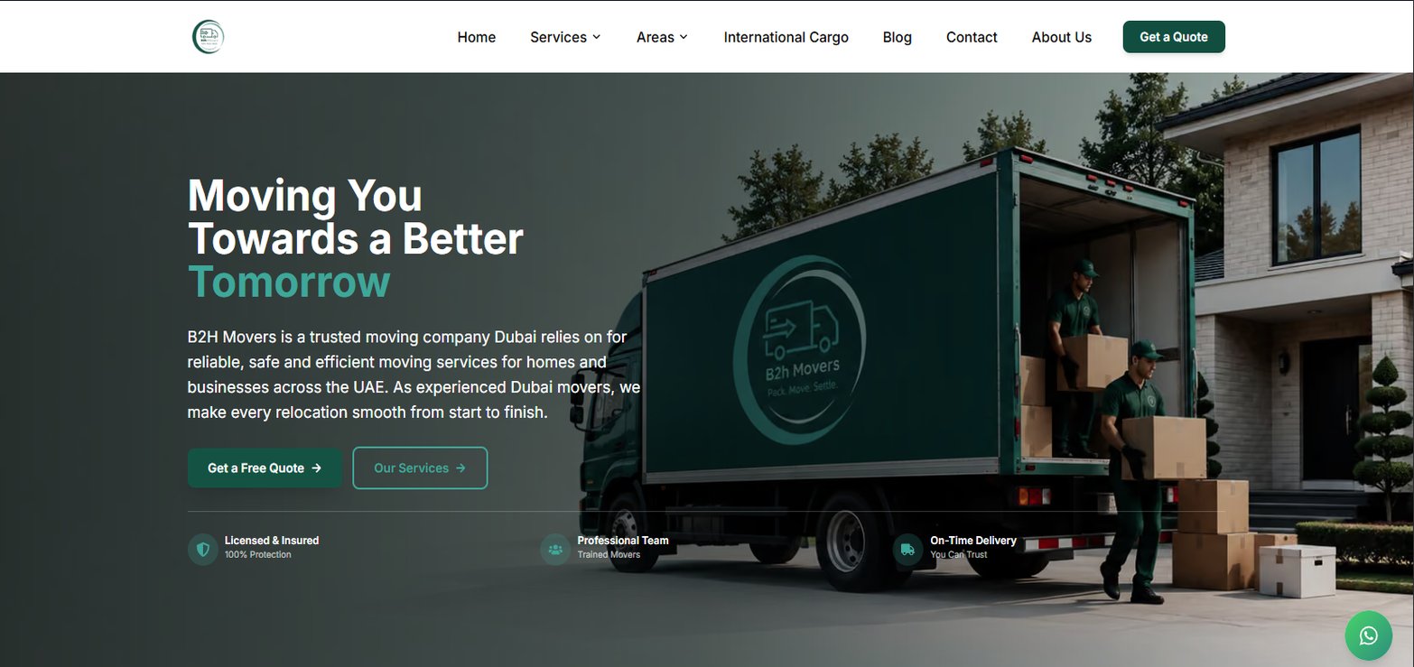 B2H Movers website, homepage